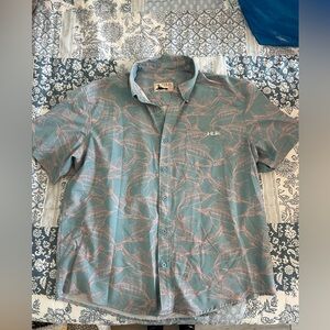 Huk Men's Short Sleeve Button Collared Shirt - Teal and Coral Leaf Print Size M